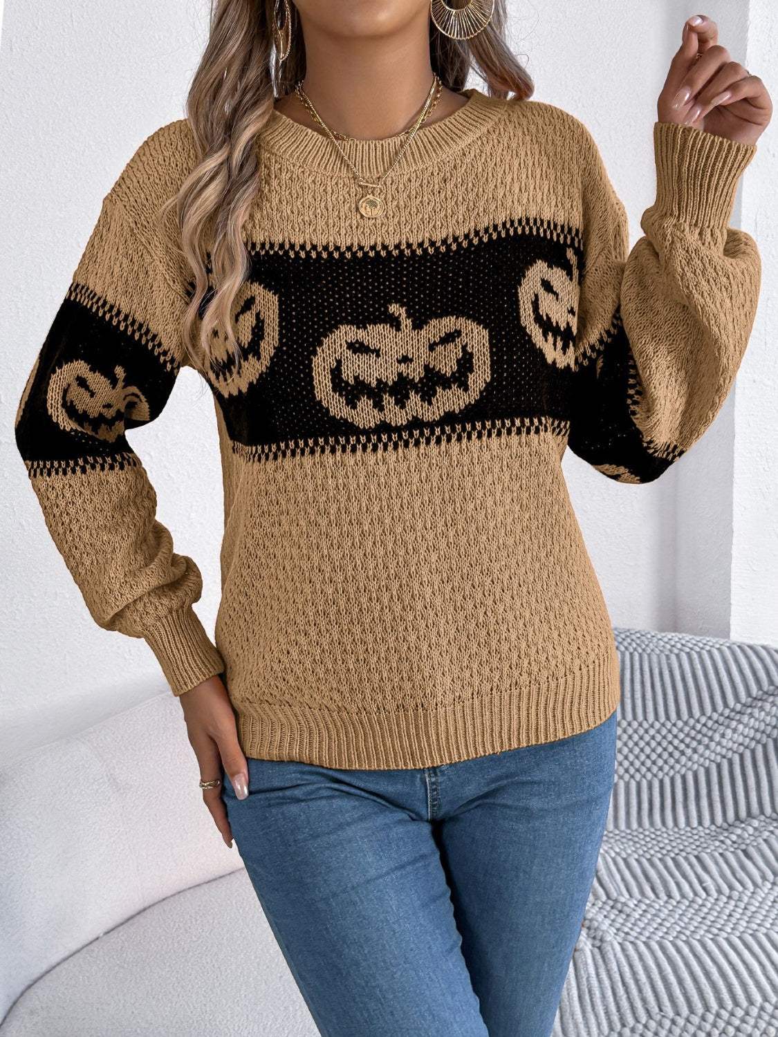Pumpkin Round Neck Long Sleeve Sweater - Trendsi - Flyclothing LLC