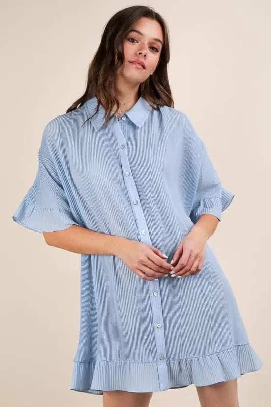VERY J Pleated Detail Button Down Mini Dress - Trendsi - Flyclothing LLC