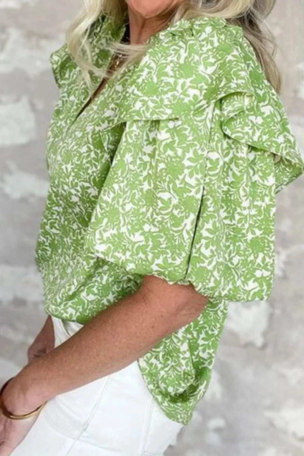 Floral Ruffle Puff Short Sleeve Frilled Notched Blouse - Trendsi - Flyclothing LLC