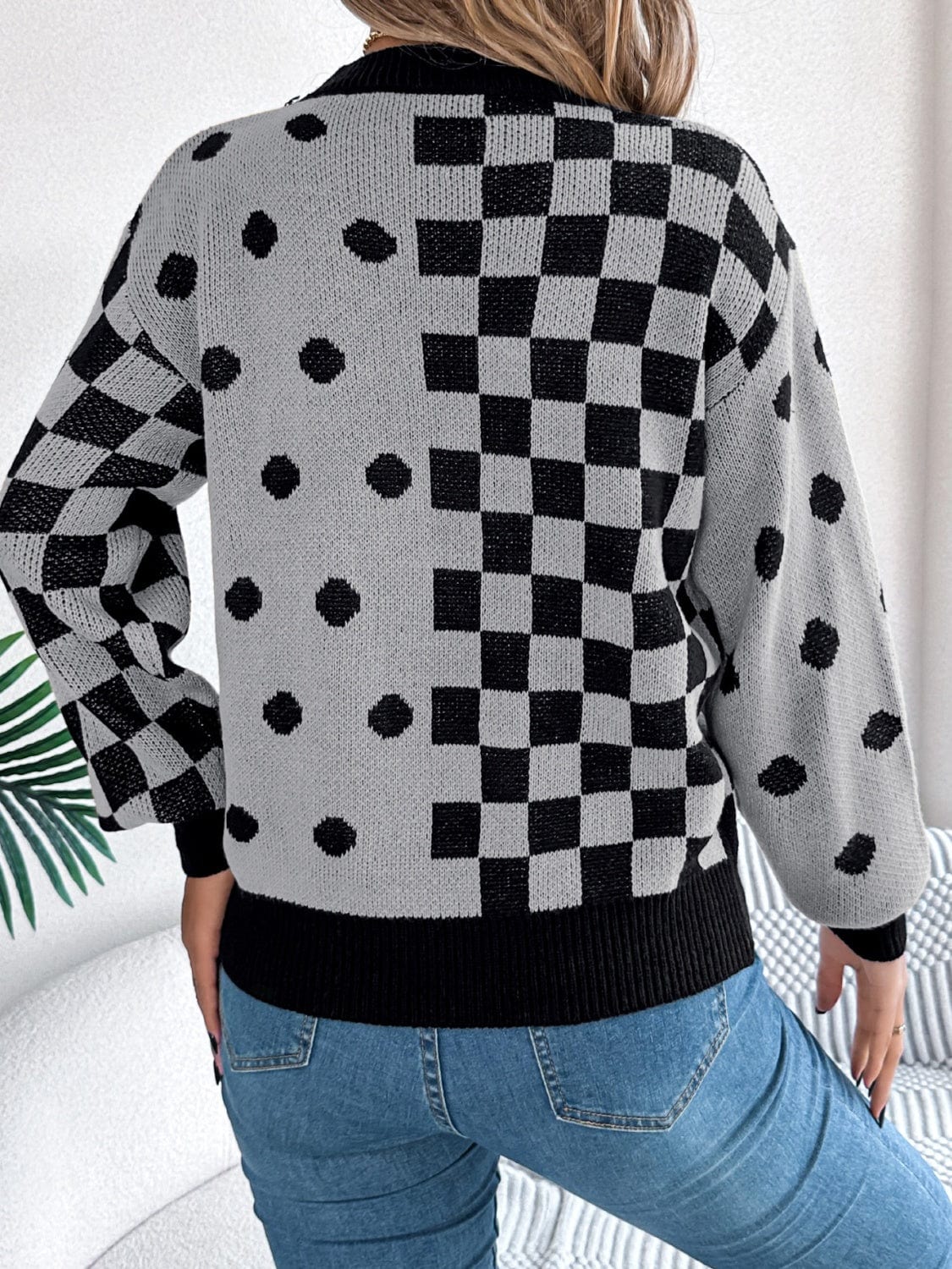 Plaid Round Neck Long Sleeve Sweater - Trendsi