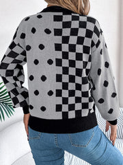 Plaid Round Neck Long Sleeve Sweater - Trendsi