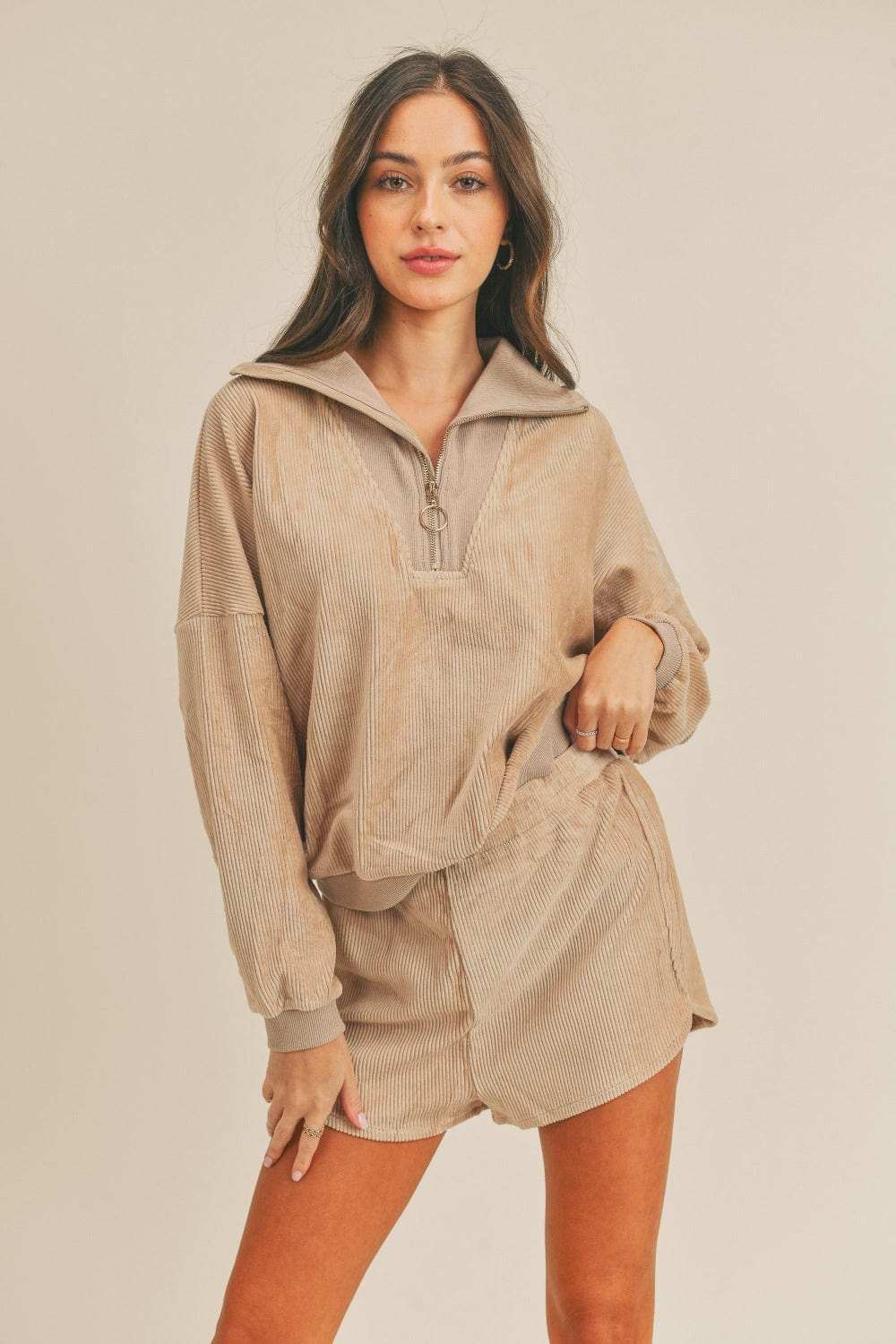MABLE Corduroy Half Zip Top and Shorts Set - Trendsi - Flyclothing LLC
