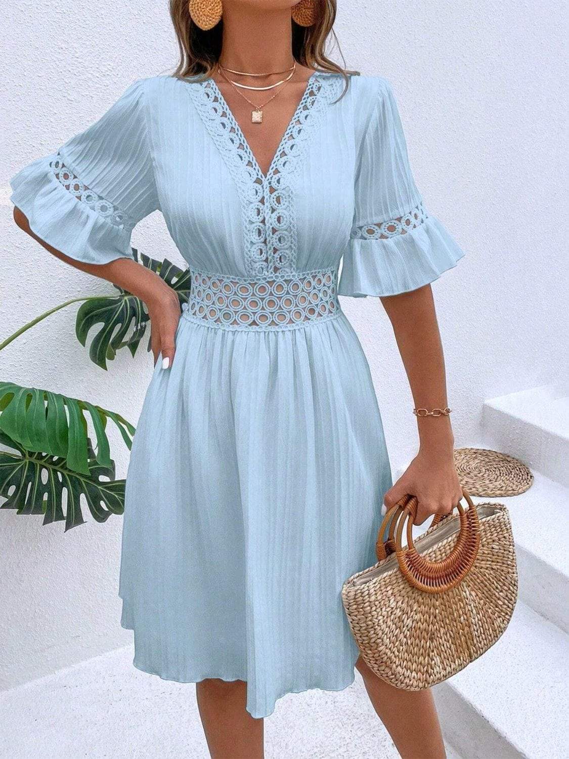 Cutout V-Neck Flounce Sleeve Mini Dress - Trendsi - Flyclothing LLC