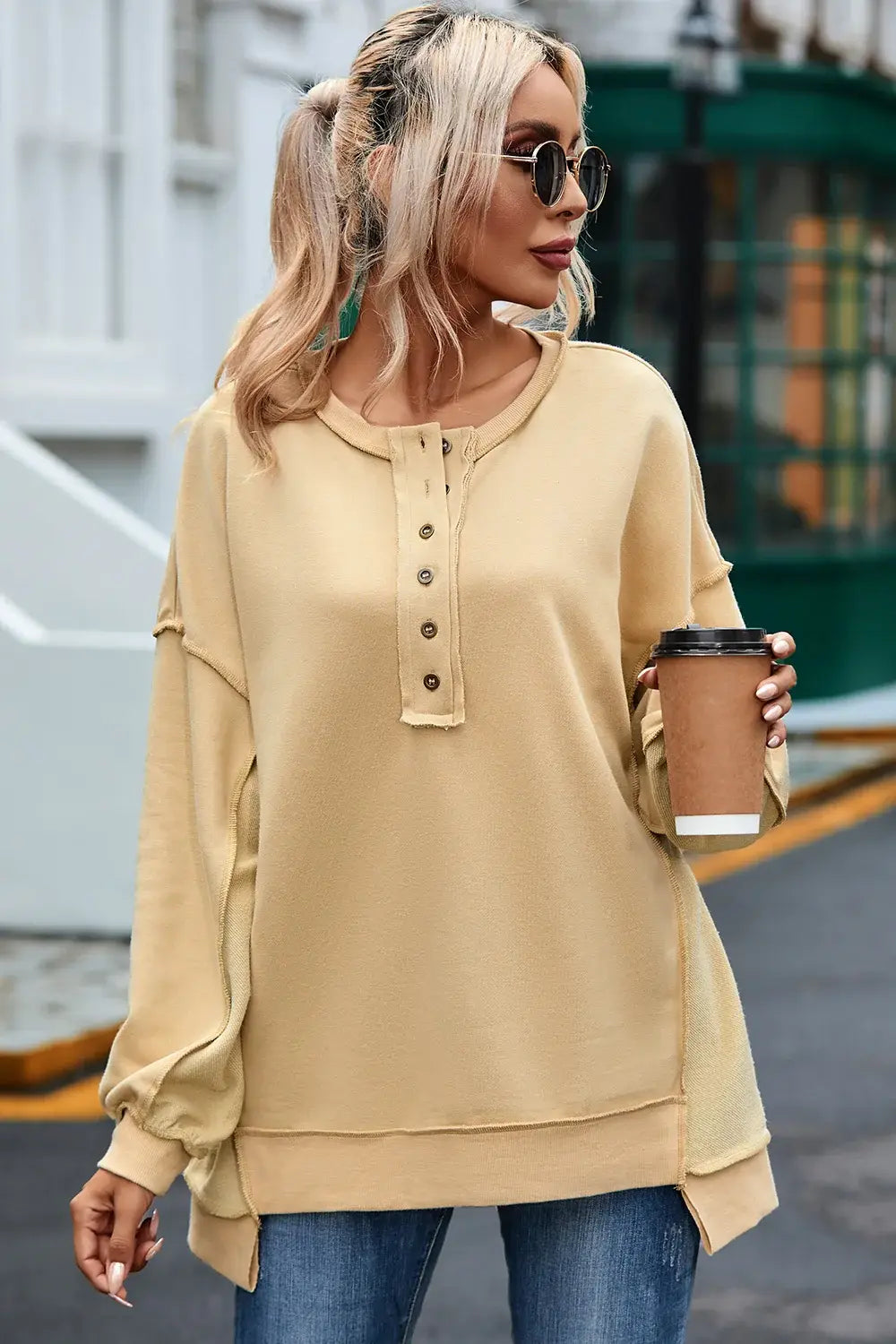 Buttoned Dropped Shoulder Sweatshirt - Trendsi - Flyclothing LLC