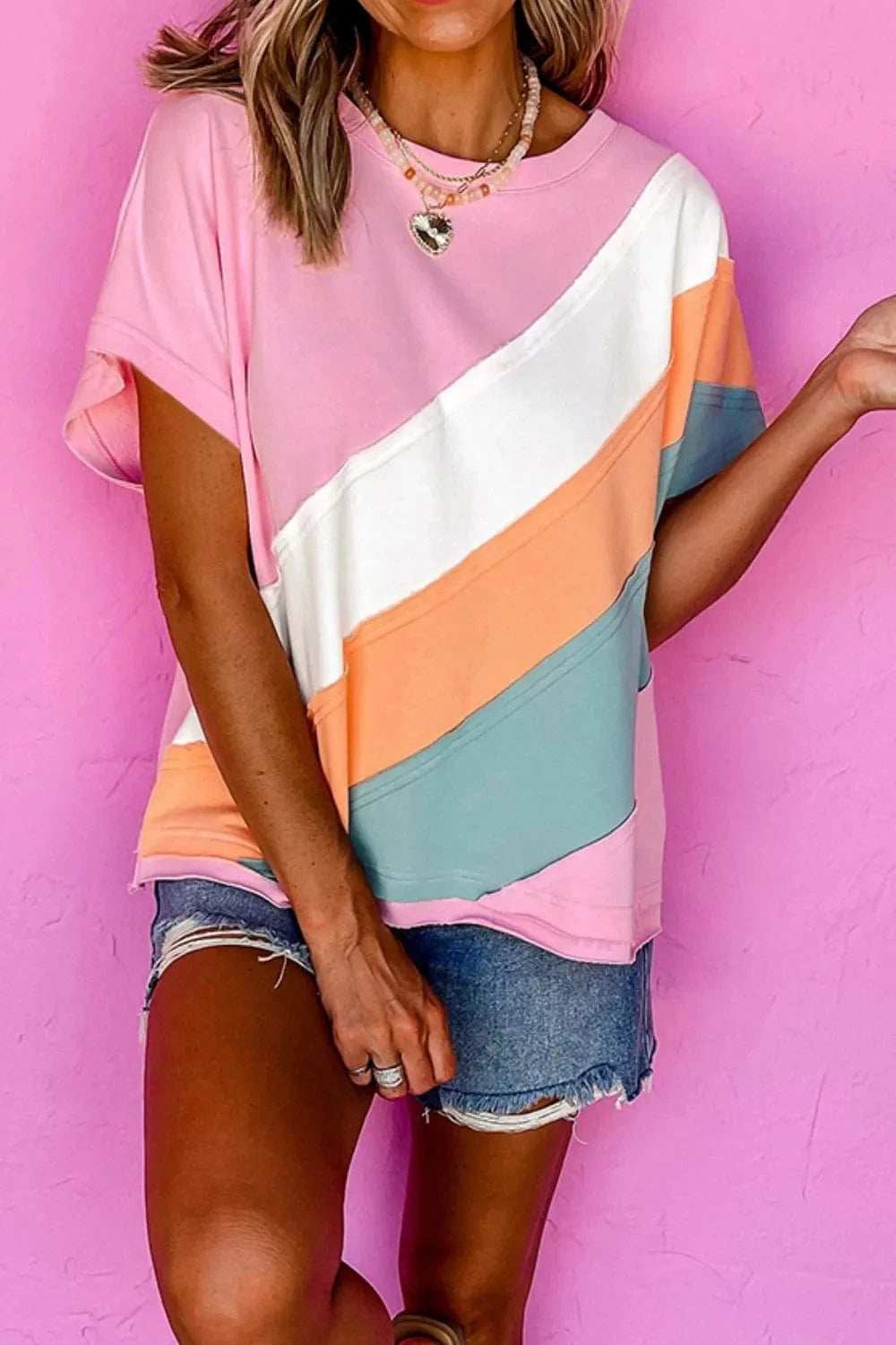 Color Block Round Neck Short Sleeve T Shirt - Trendsi - Flyclothing LLC