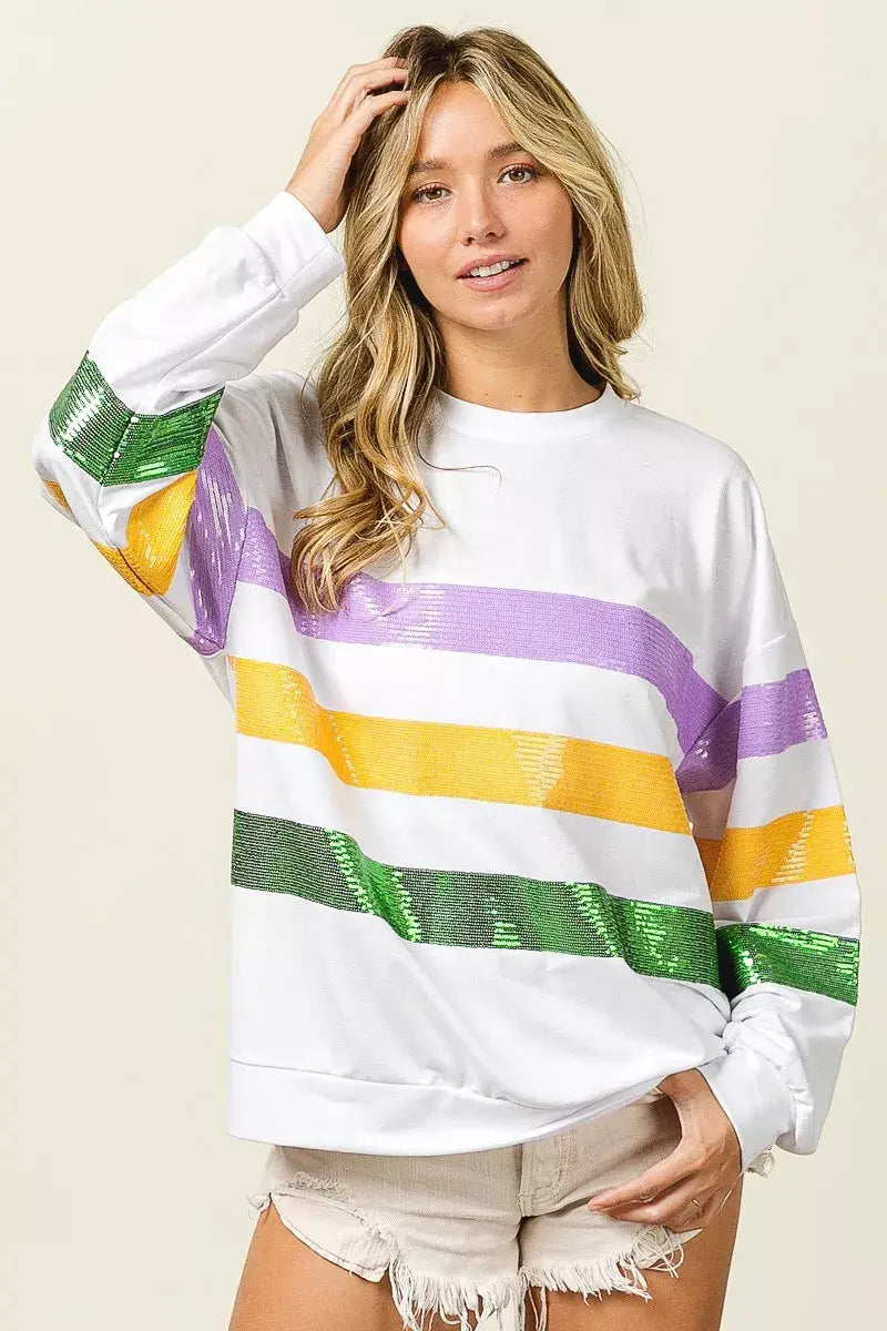 BiBi Sequin Mardi Gras Striped Round Neck Sweatshirt - Trendsi - Flyclothing LLC