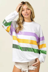 BiBi Sequin Mardi Gras Striped Round Neck Sweatshirt - Trendsi - Flyclothing LLC