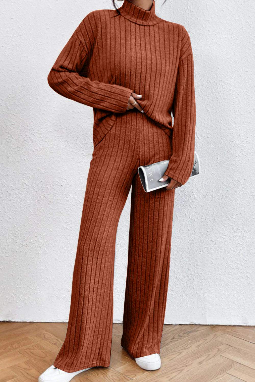 Mock Neck Dropped Shoulder Top and Pants Set - Trendsi - Flyclothing LLC