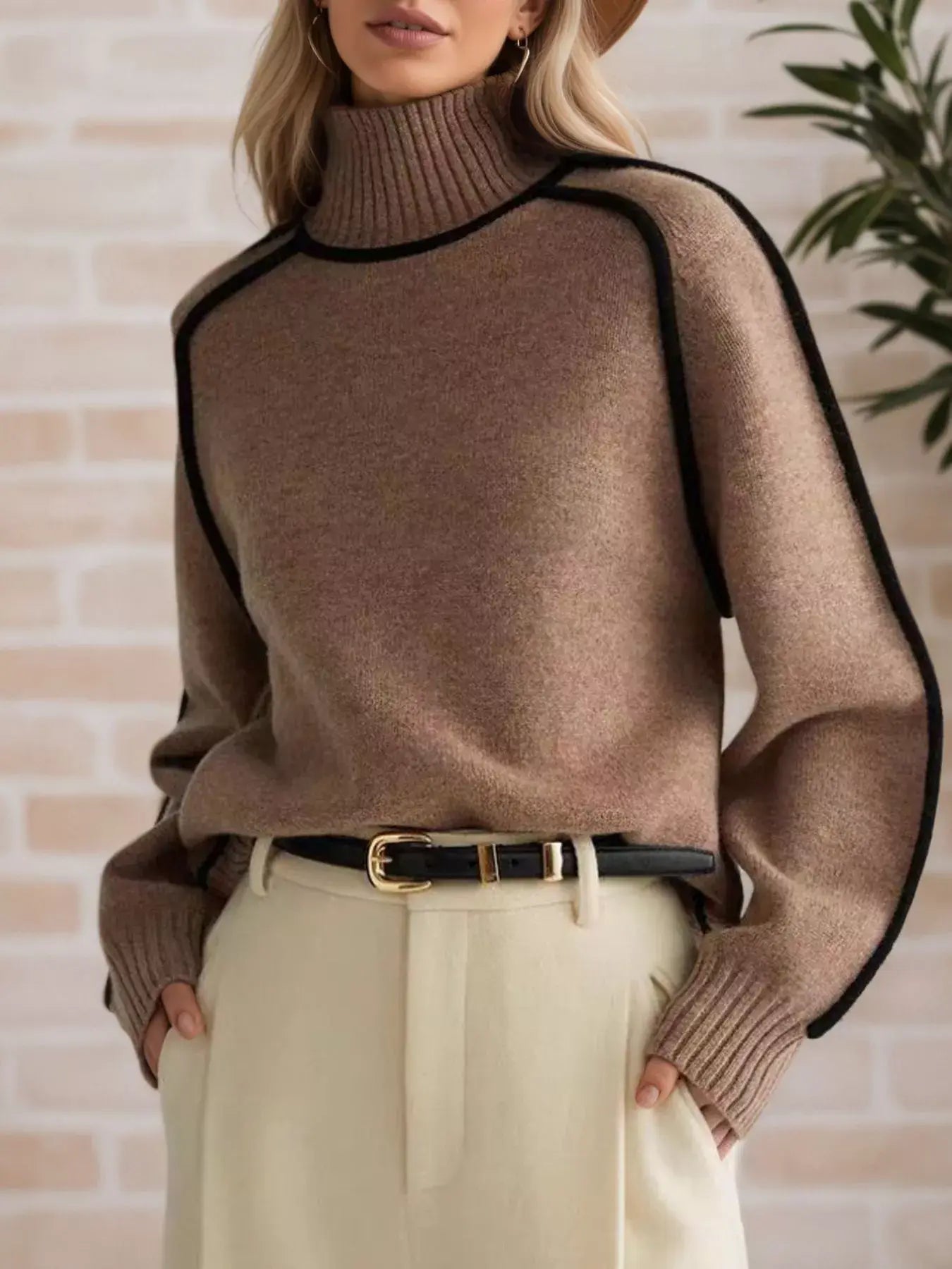 Contrast Trim Turtleneck Sweater - Trendsi - Flyclothing LLC