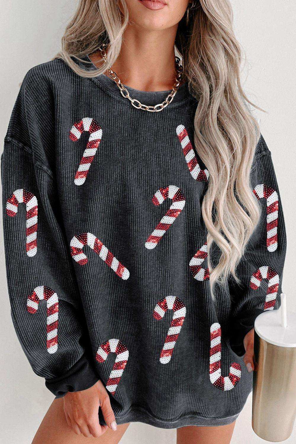 Sequin Candy Cane Round Neck Sweatshirt - Trendsi - Flyclothing LLC