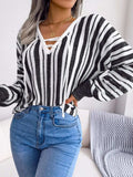 Striped Lace-Up Long Sleeve Sweater - Trendsi - Flyclothing LLC