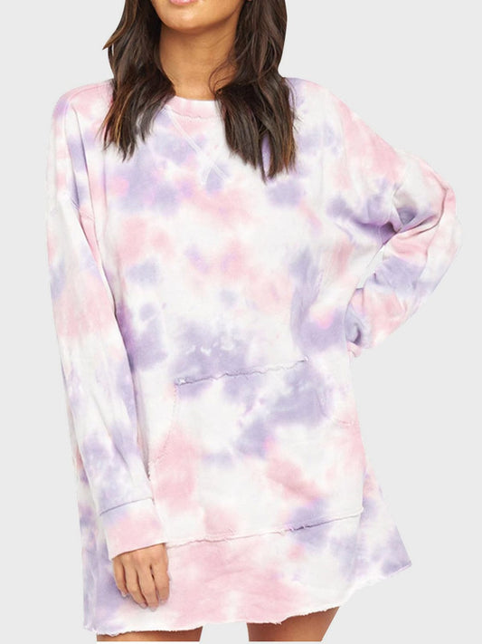 Pocketed Tie-Dye Round Neck Long Sleeve Dress - Trendsi