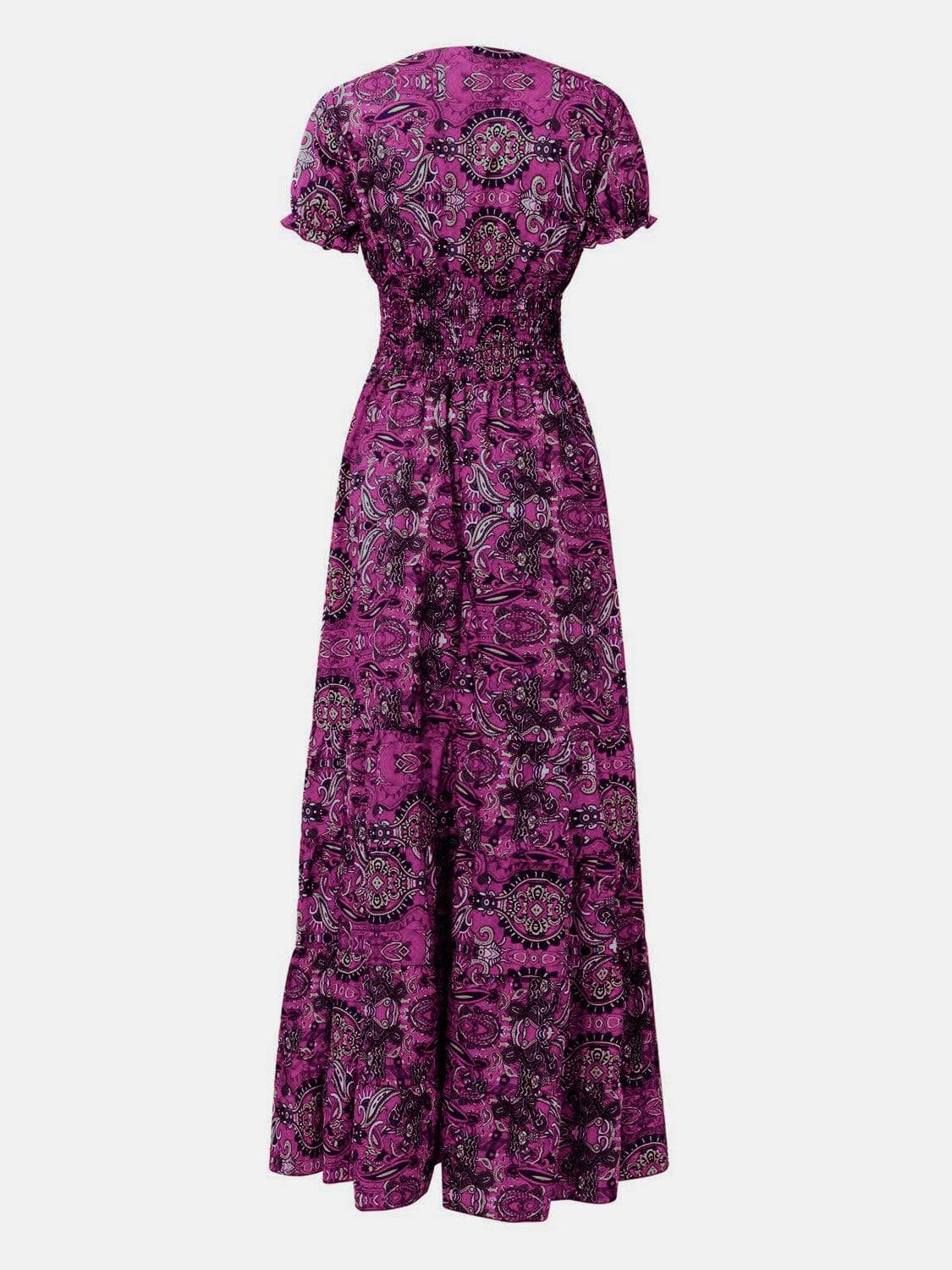 Full Size Smocked Printed V-Neck Short Sleeve Dress - Trendsi - Flyclothing LLC