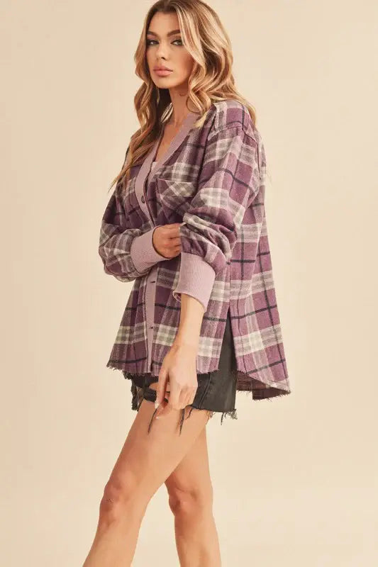 Aemi + Co Side Slit Patch Pocket Plaid Button Down Jacket - Trendsi - Flyclothing LLC