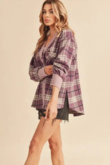Aemi + Co Side Slit Patch Pocket Plaid Button Down Jacket - Trendsi - Flyclothing LLC