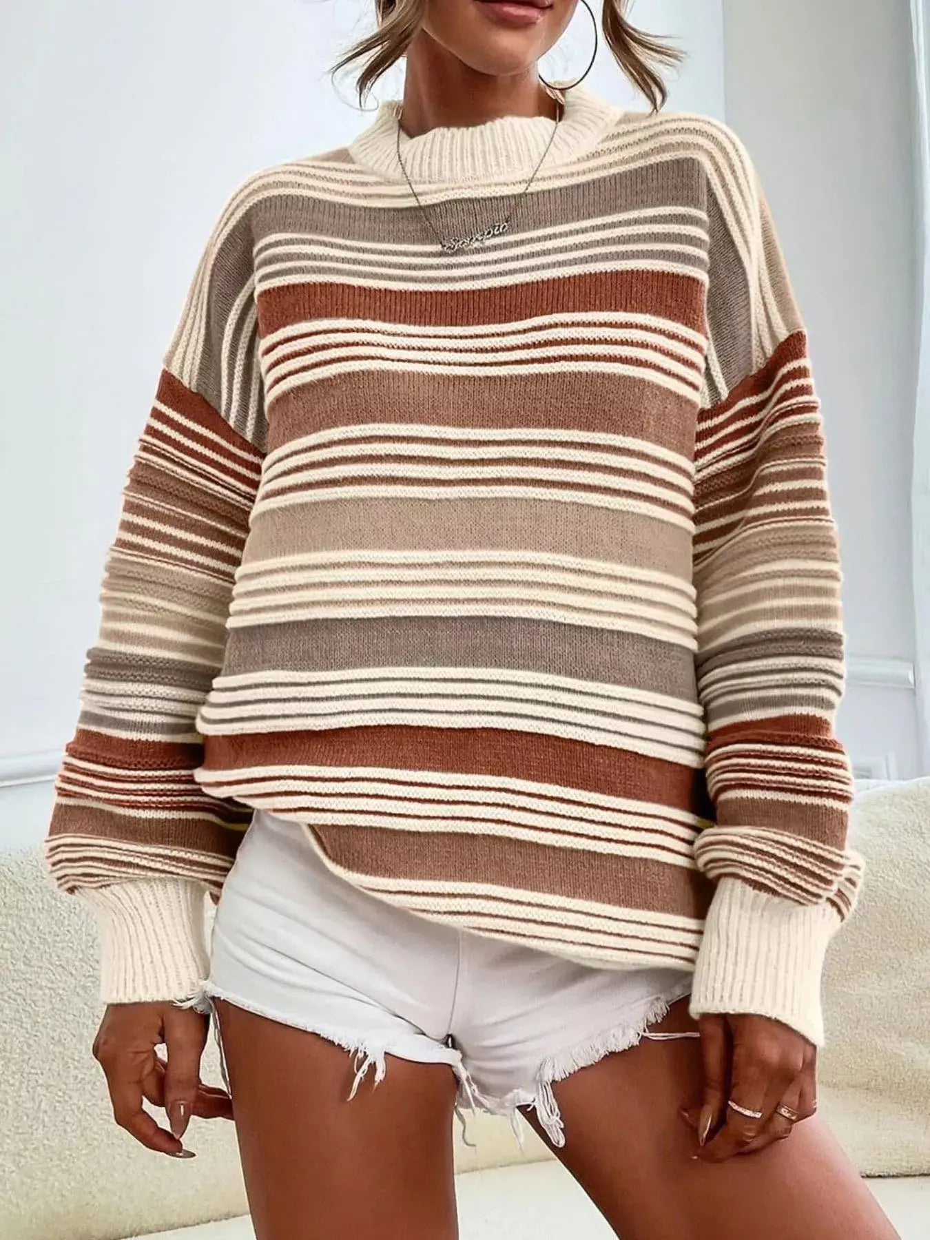 Striped Knit Long Sleeve Sweater - Trendsi - Flyclothing LLC