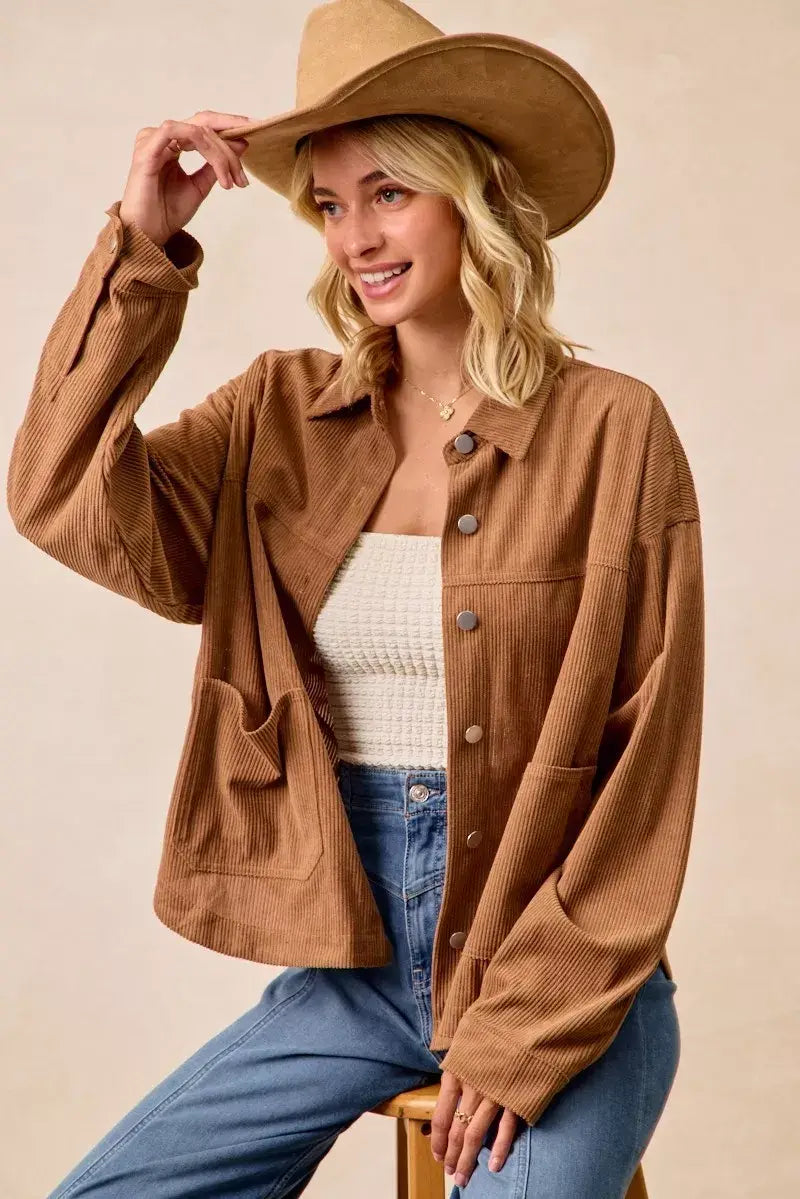 BiBi Corduroy Relaxed Fit Shacket with Back Pleat - Trendsi - Flyclothing LLC