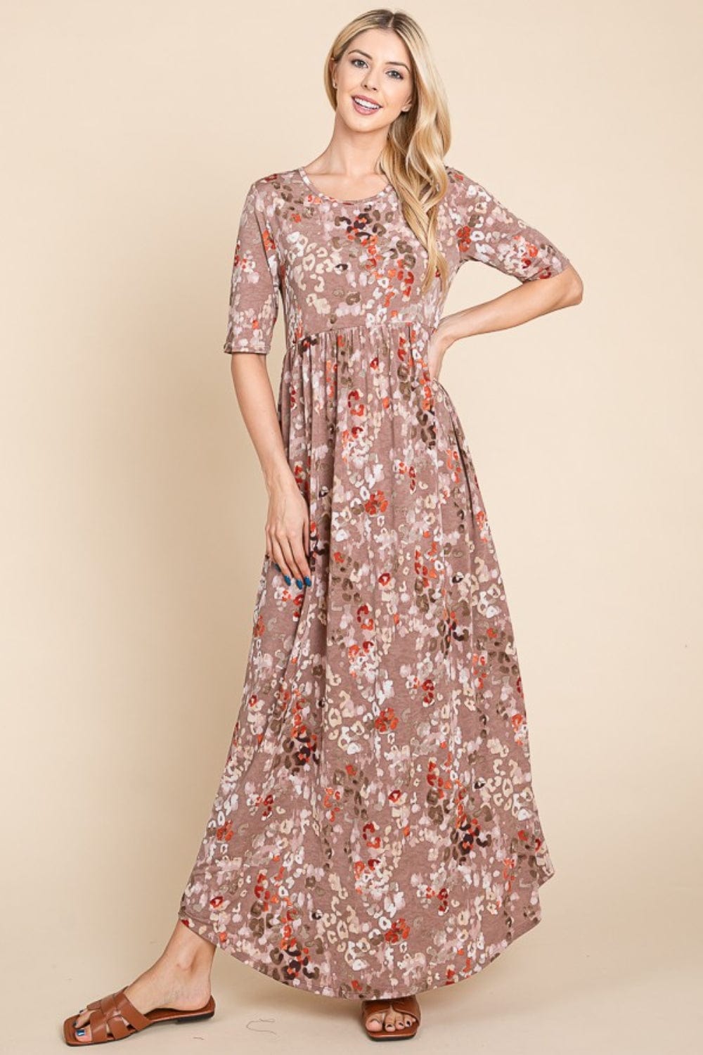 BOMBOM Printed Shirred Maxi Dress - Trendsi