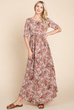 BOMBOM Printed Shirred Maxi Dress - Trendsi