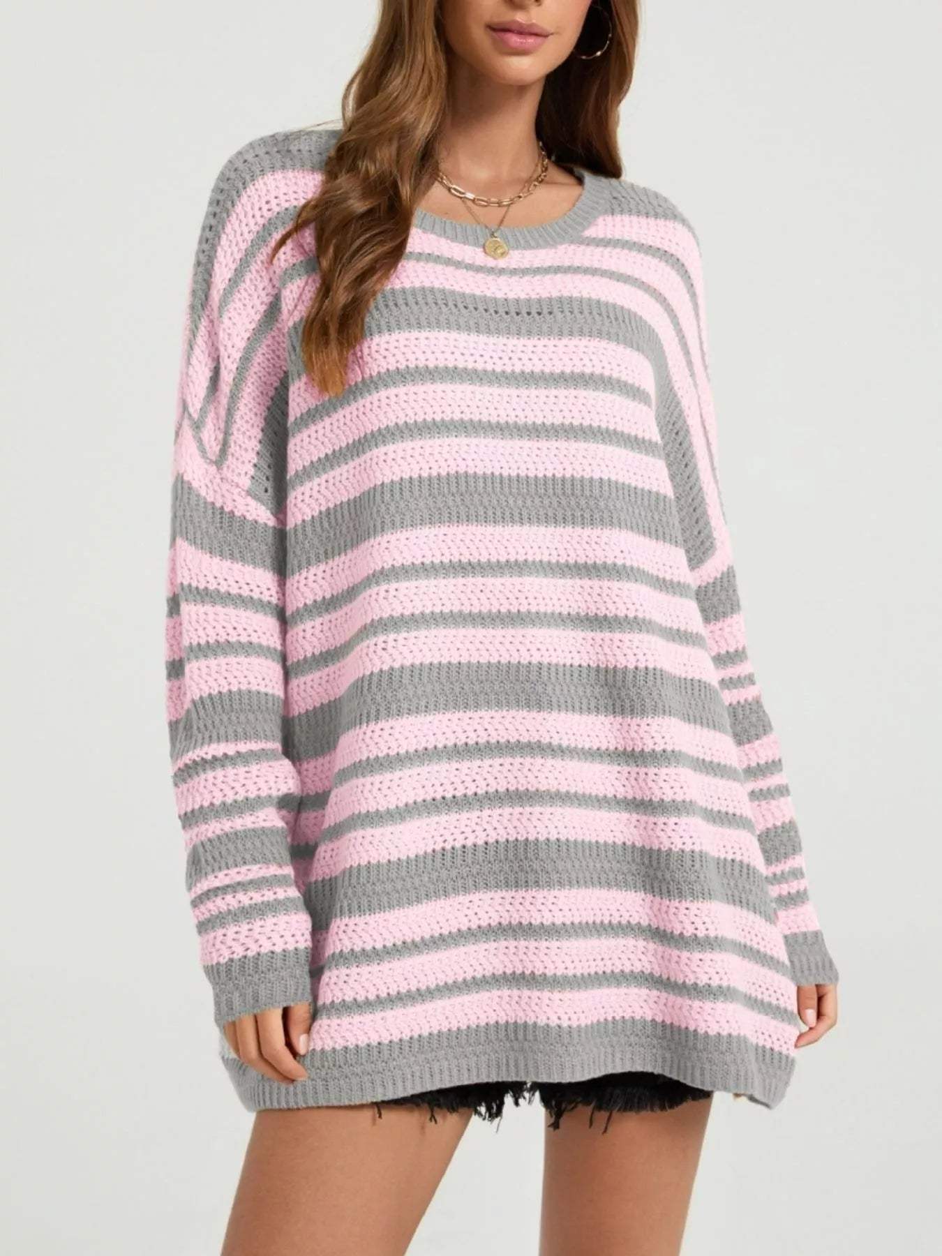 Striped Drop Shoulder Sweater - Trendsi - Flyclothing LLC