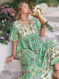 Plus Size Floral Tie Neck Flutter Sleeve Maxi Dress - Trendsi - Flyclothing LLC