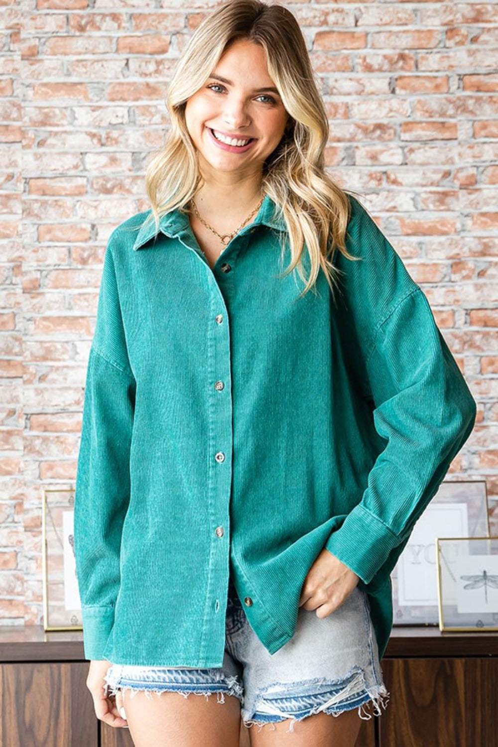 First Love Washed Corduroy Button Down Long Sleeve Shirt - Trendsi - Flyclothing LLC