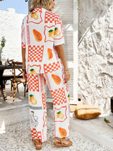 Devine Printed Collared Neck Half Sleeve Top and Pants Set - Trendsi - Flyclothing LLC