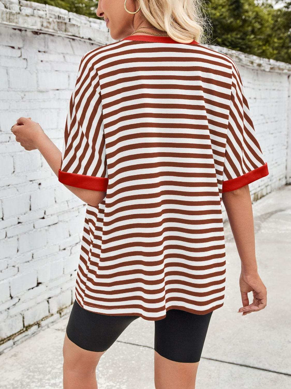 Lovelet Striped Round Neck Half Sleeve T-Shirt - Trendsi - Flyclothing LLC