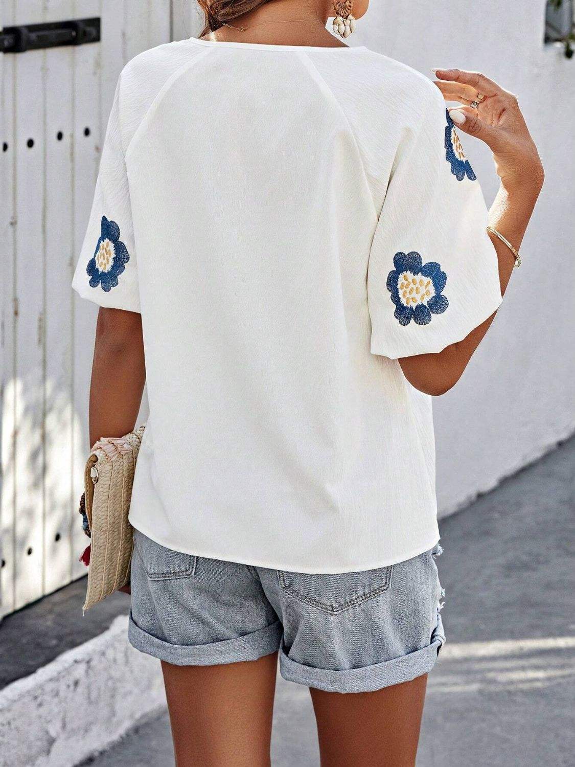 Embroidered Tie Neck Puff Sleeve Blouse - Trendsi - Flyclothing LLC