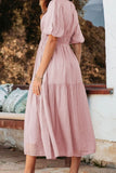 Puff Sleeve Pleated High Waist Flowy Midi Dress - Trendsi
