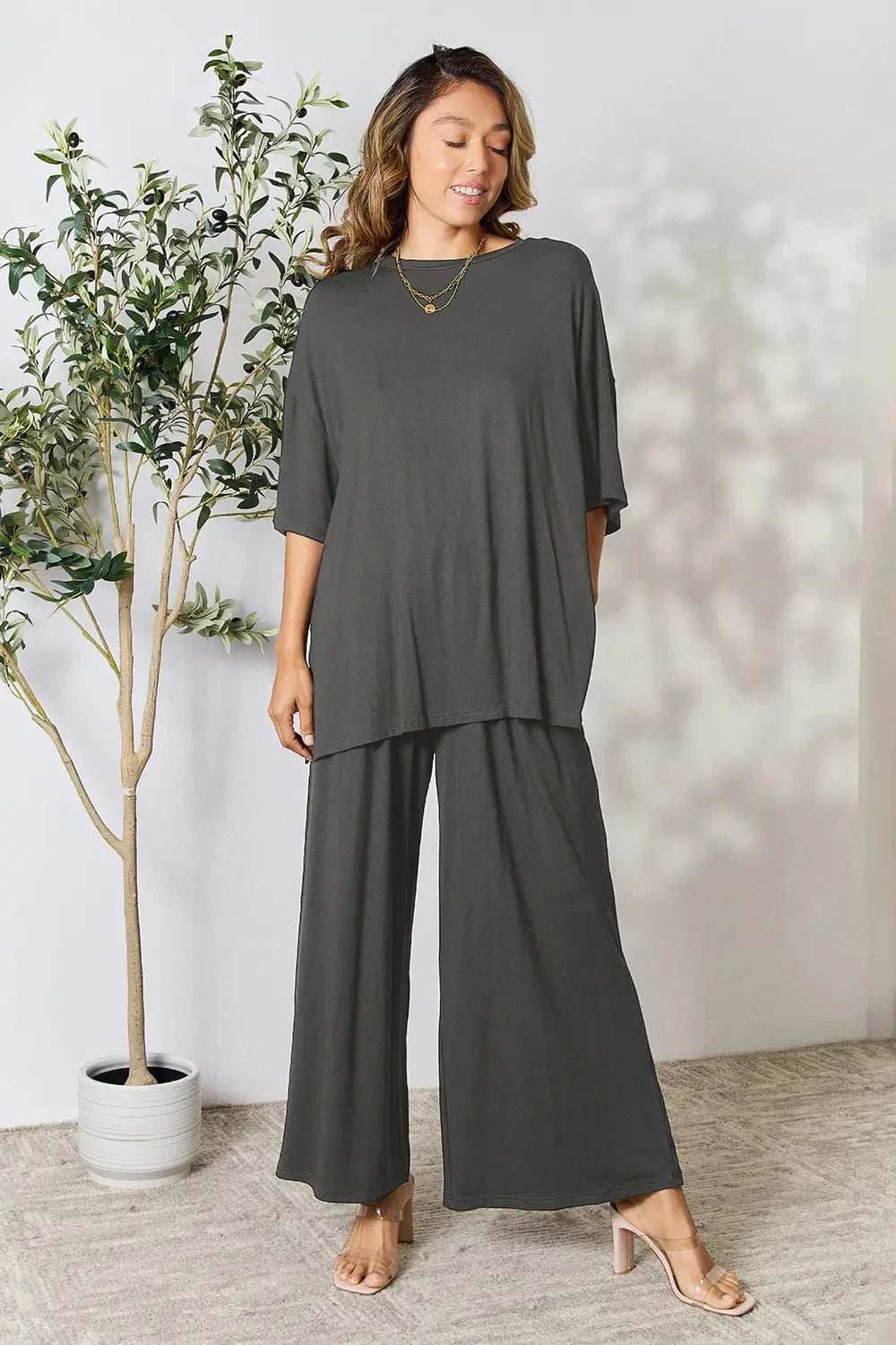 Double Take Full Size Round Neck Slit Top and Pants Set - Trendsi - Flyclothing LLC