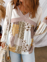 Floral Printed Contrast Patchwork Long Sleeve Top - Trendsi - Flyclothing LLC