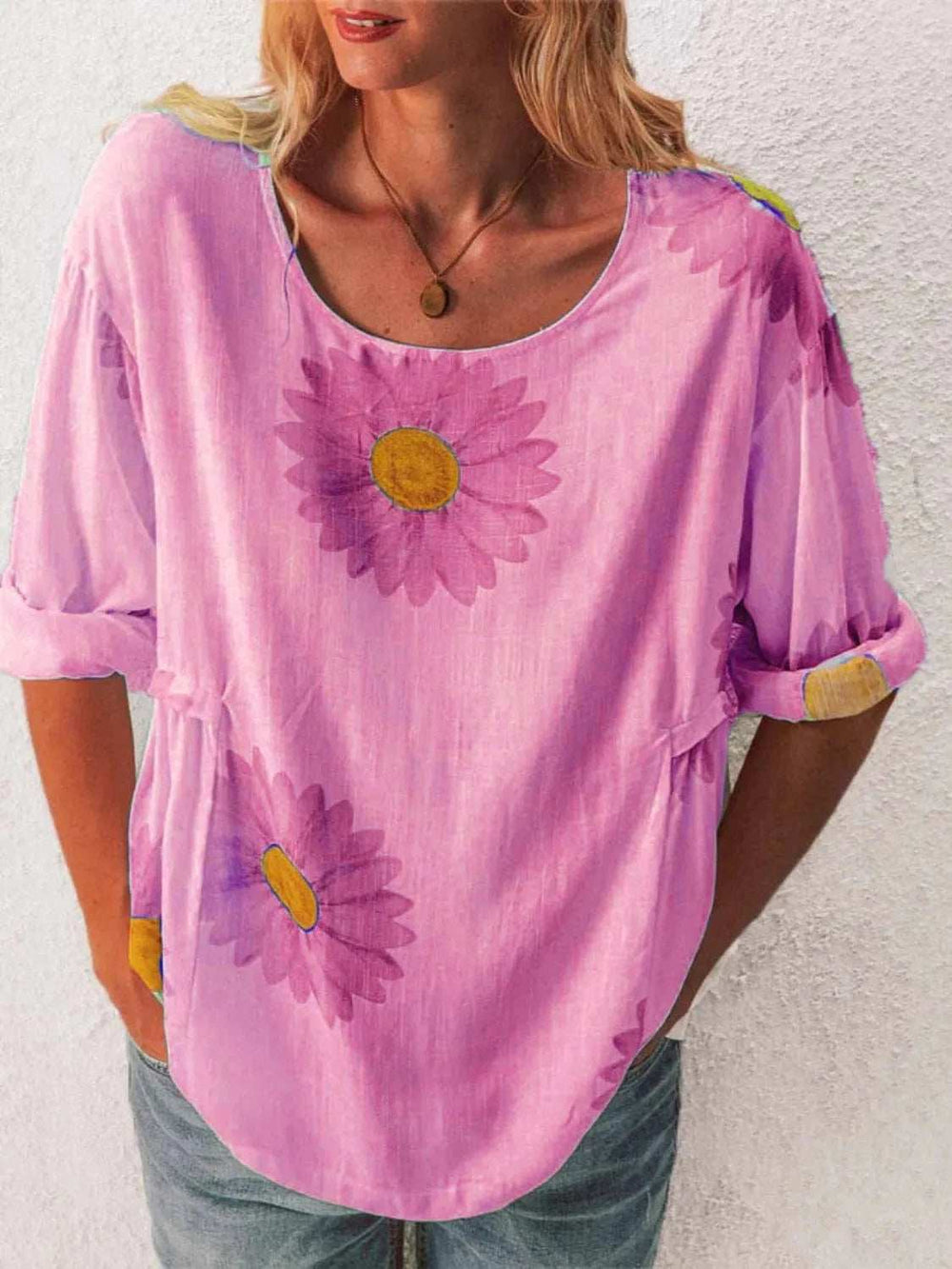 Full Size Flower Round Neck Half Sleeve T-Shirt Plus Size - Trendsi - Flyclothing LLC