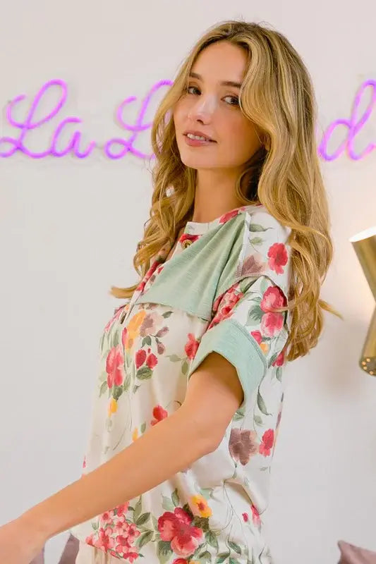 BiBi Floral Button Detail Round Neck Short Sleeve Terry T-Shirt - Trendsi - Flyclothing LLC