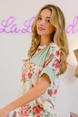 BiBi Floral Button Detail Round Neck Short Sleeve Terry T-Shirt - Trendsi - Flyclothing LLC