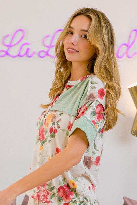 BiBi Floral Button Detail Round Neck Short Sleeve Terry T-Shirt - Trendsi - Flyclothing LLC