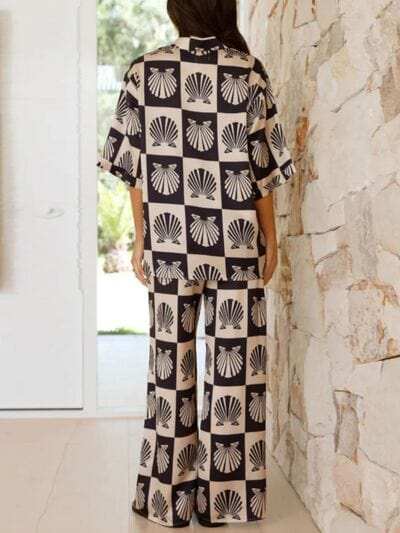 Printed Collared Neck Top and Wide Leg Pants Set - Trendsi - Flyclothing LLC