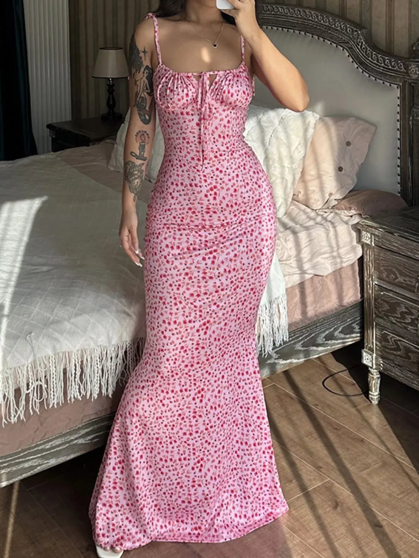 Floral Print Tie Strap Bodycon Maxi Dress - Trendsi - Flyclothing LLC