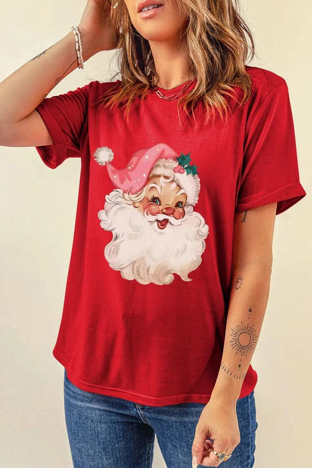 Santa Round Neck Short Sleeve T-Shirt - Trendsi - Flyclothing LLC