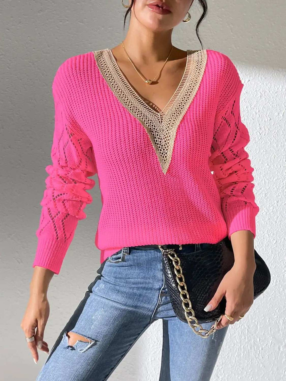 Openwork V-Neck Long Sleeve Sweater - Trendsi - Flyclothing LLC