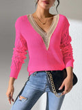 Openwork V-Neck Long Sleeve Sweater - Trendsi - Flyclothing LLC