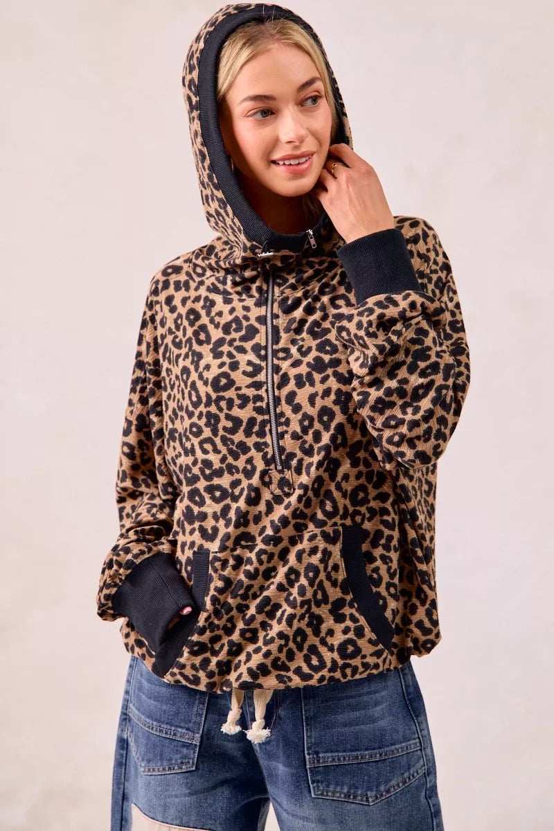 BiBi Leopard Print Waffle Half Zip Up Hoodie W Pocket - Trendsi - Flyclothing LLC