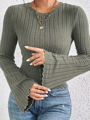 Ribbed Round Neck Flare Sleeve T-Shirt - Trendsi