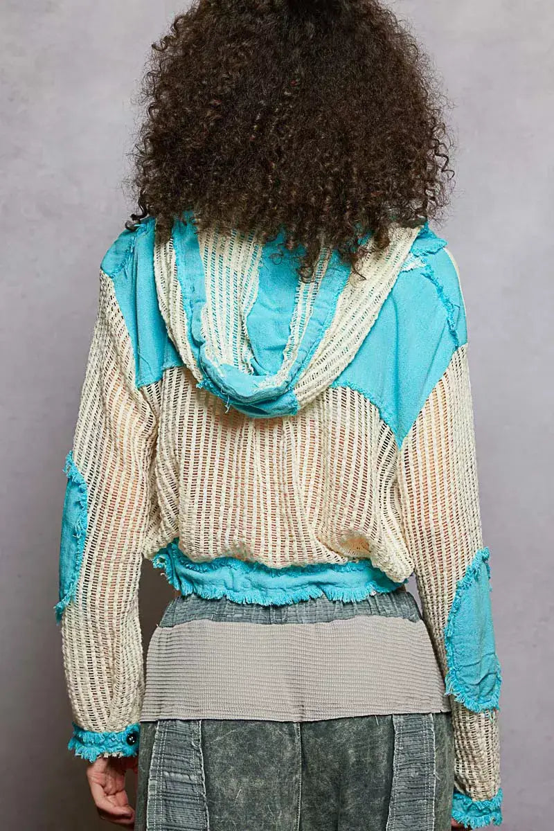 POL Texture Woven Button Down Hooded Shirt with Drawstring Hem - Trendsi - Flyclothing LLC