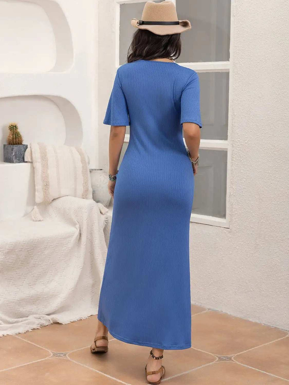 Slit Openwork V-Neck Half Sleeve Dress - Trendsi - Flyclothing LLC