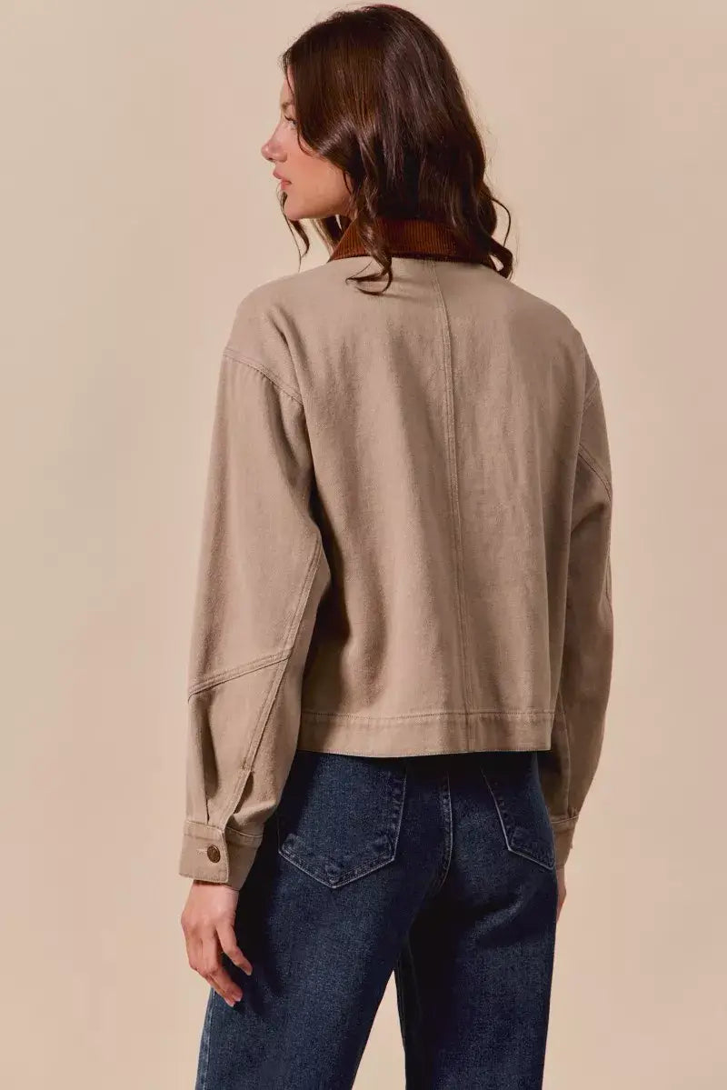 SO ME Cotton Twill Cropped Barn Jacket wtih Collar - Trendsi - Flyclothing LLC