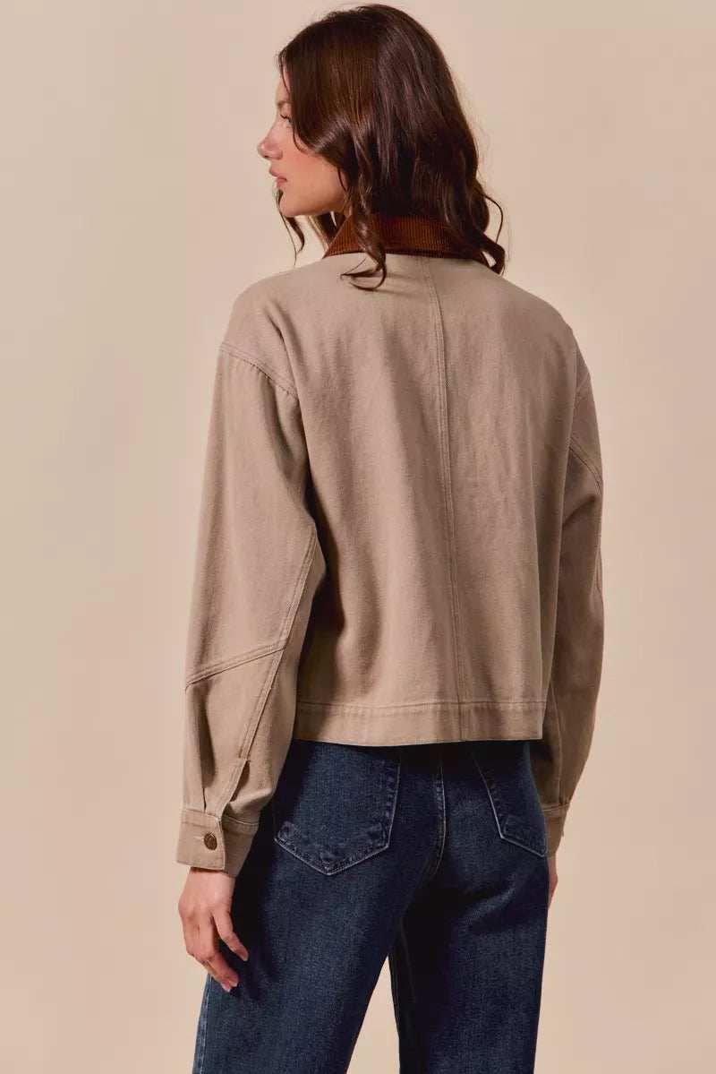 SO ME Cotton Twill Cropped Barn Jacket wtih Collar - Trendsi - Flyclothing LLC