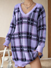 Distressed Plaid V-Neck Long Sleeve Sweater Dress - Trendsi