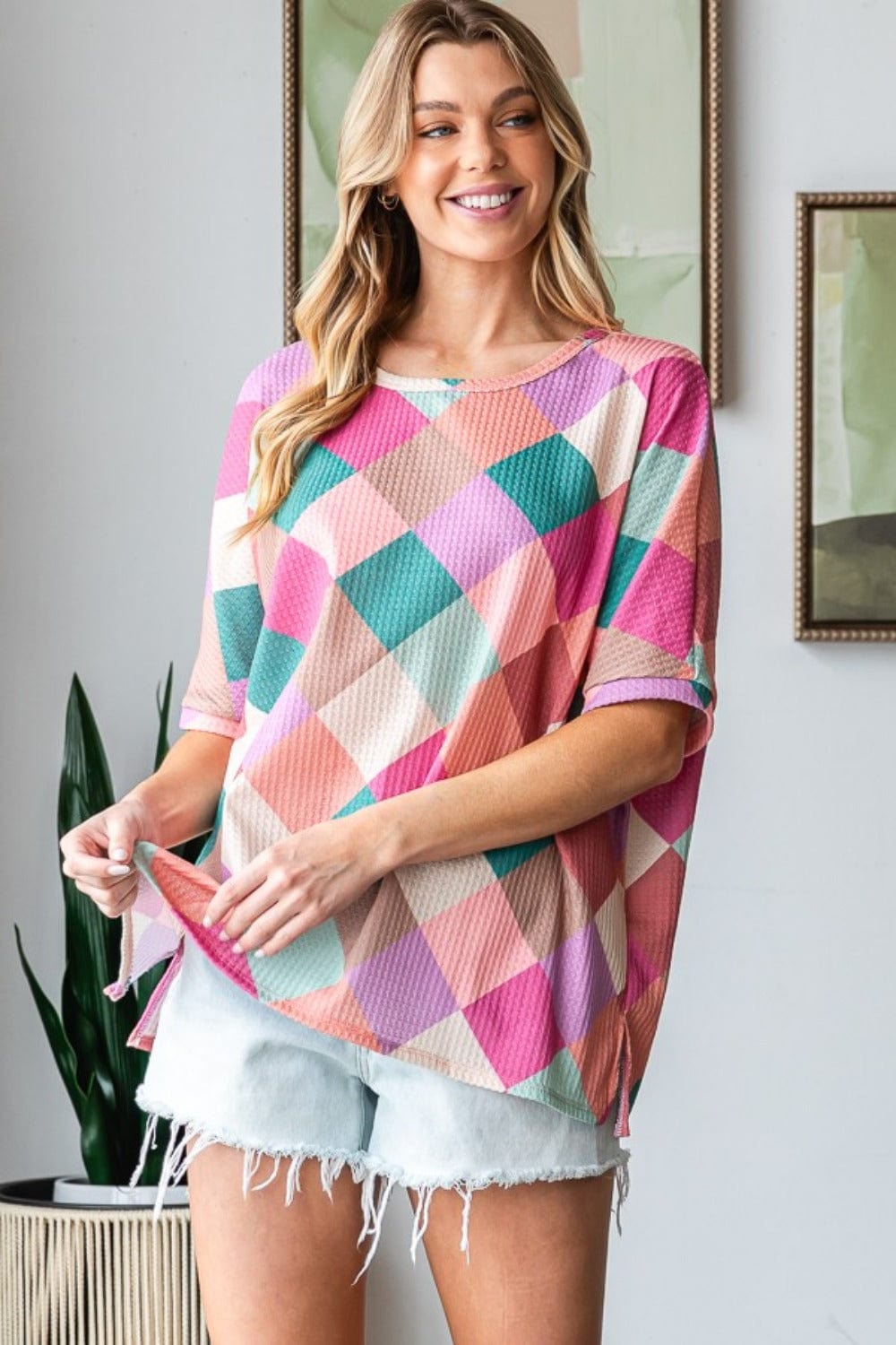 HOPELY Full Size Multi Colored Argyle Side Slit T-Shirt - Trendsi
