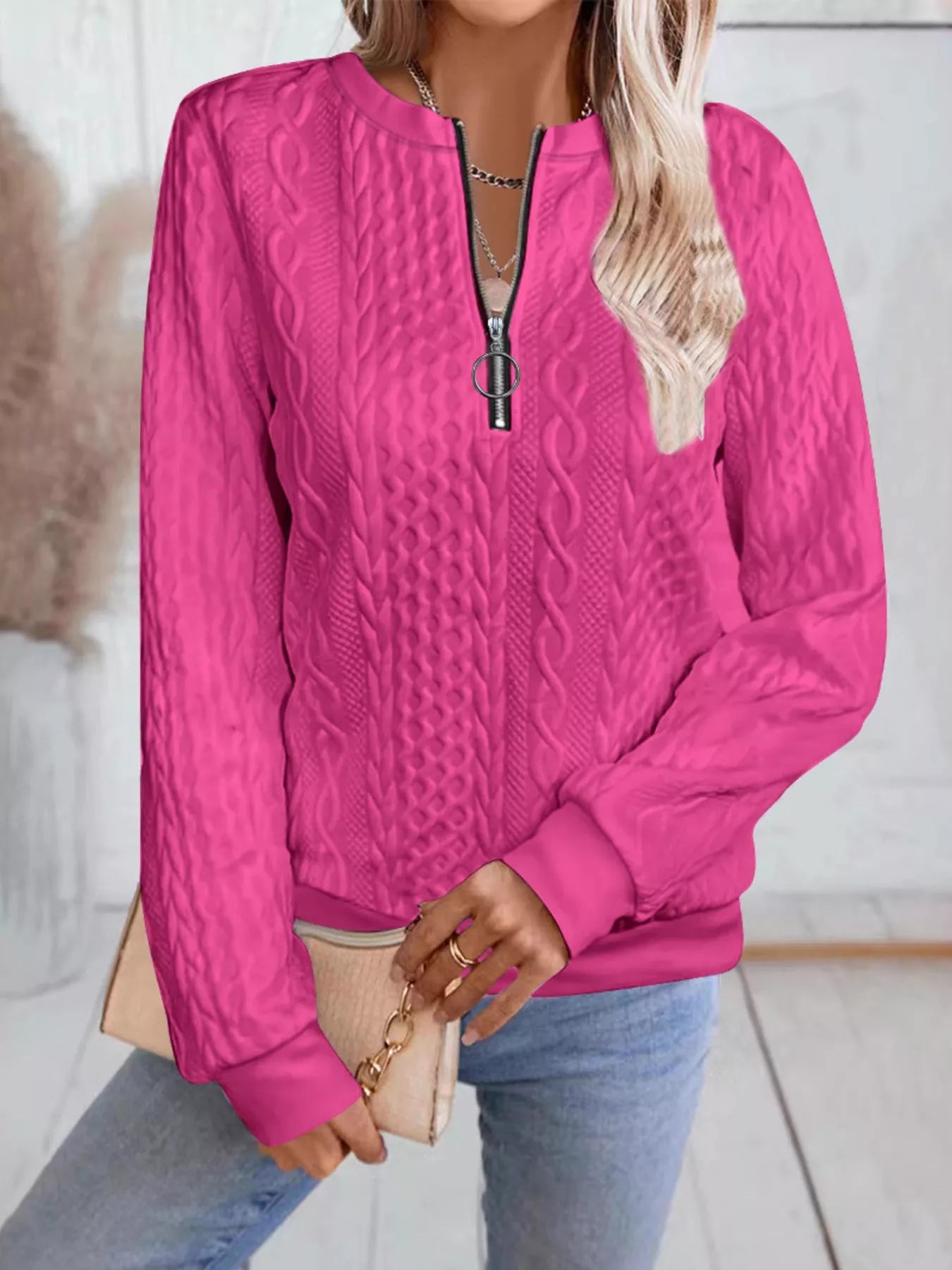 Chic Cable Texture Quarter-Zip Sweatshirt - Trendsi - Flyclothing LLC